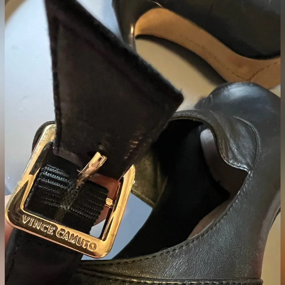 Vince Camuto Black Leather Peep-Toe Ankle-Strap Stilettos - Picture 15 of 16
